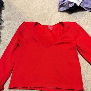 Red V-Neck Long Sleeve Top